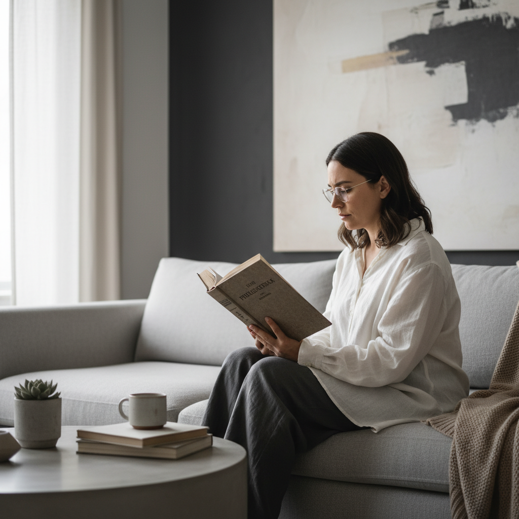 차분한 무채색 톤의 거실에서 편안한 린넨 소파에 앉아 철학 책에 몰입한 사람의 측면 모습, 지적 호기심과 평온함이 느껴지는 현대적인 라이프스타일 이미지