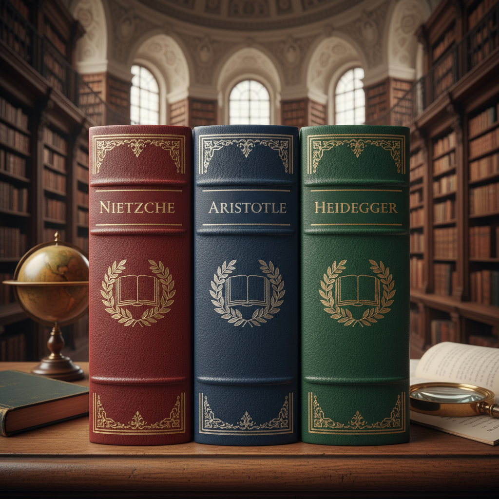 오래된 도서관의 짙은 갈색 서가 배경으로 세로로 정렬된 니체, 아리스토텔레스, 하이데거의 고전 양장본 서적들이 보여주는 웅장하고 학술적인 분위기