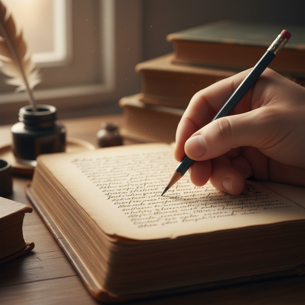 빛바랜 고서의 페이지 위로 중요 구절에 연필로 밑줄을 긋는 손의 클로즈업, 지식을 탐구하는 진지한 과정과 아날로그적인 감성이 돋보이는 사진