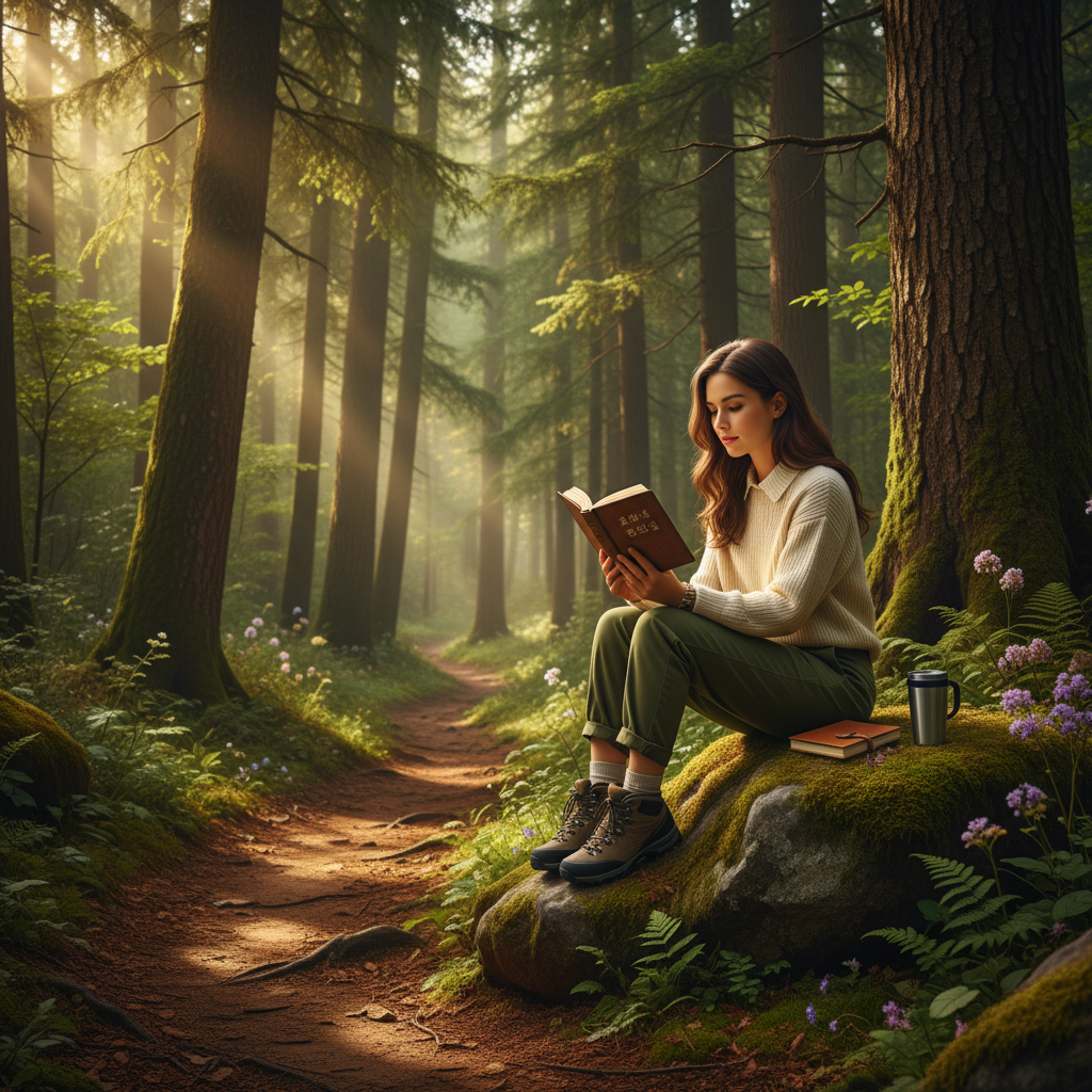 푸른 숲속 오솔길 옆 바위에 앉아 작은 포켓용 철학 책을 읽는 모습, 자연과 철학적 사유가 하나로 어우러지는 건강하고 평화로운 분위기의 고해상도 이미지